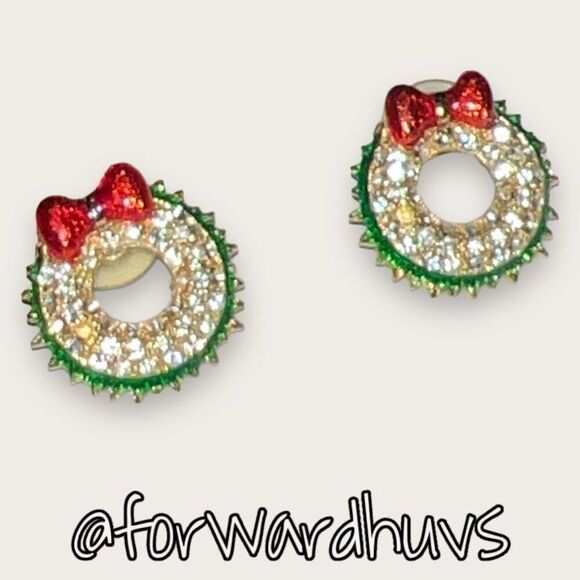 Festive Christmas Wreath Stud Earrings with Missing Rhinestones - Picture 1 of 8
